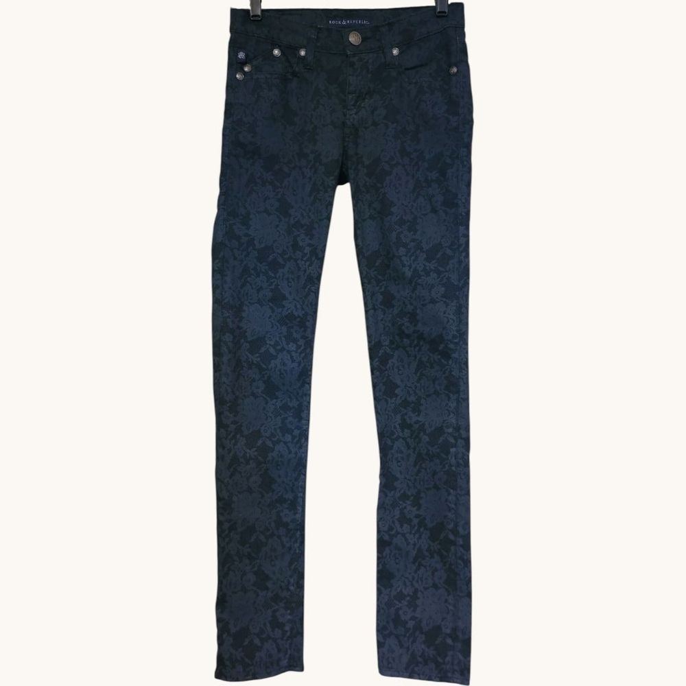 Rock & Republic BERLIN Blue/Gray Lace Patterned Jeans Womens Size 2 Low Rise 28W